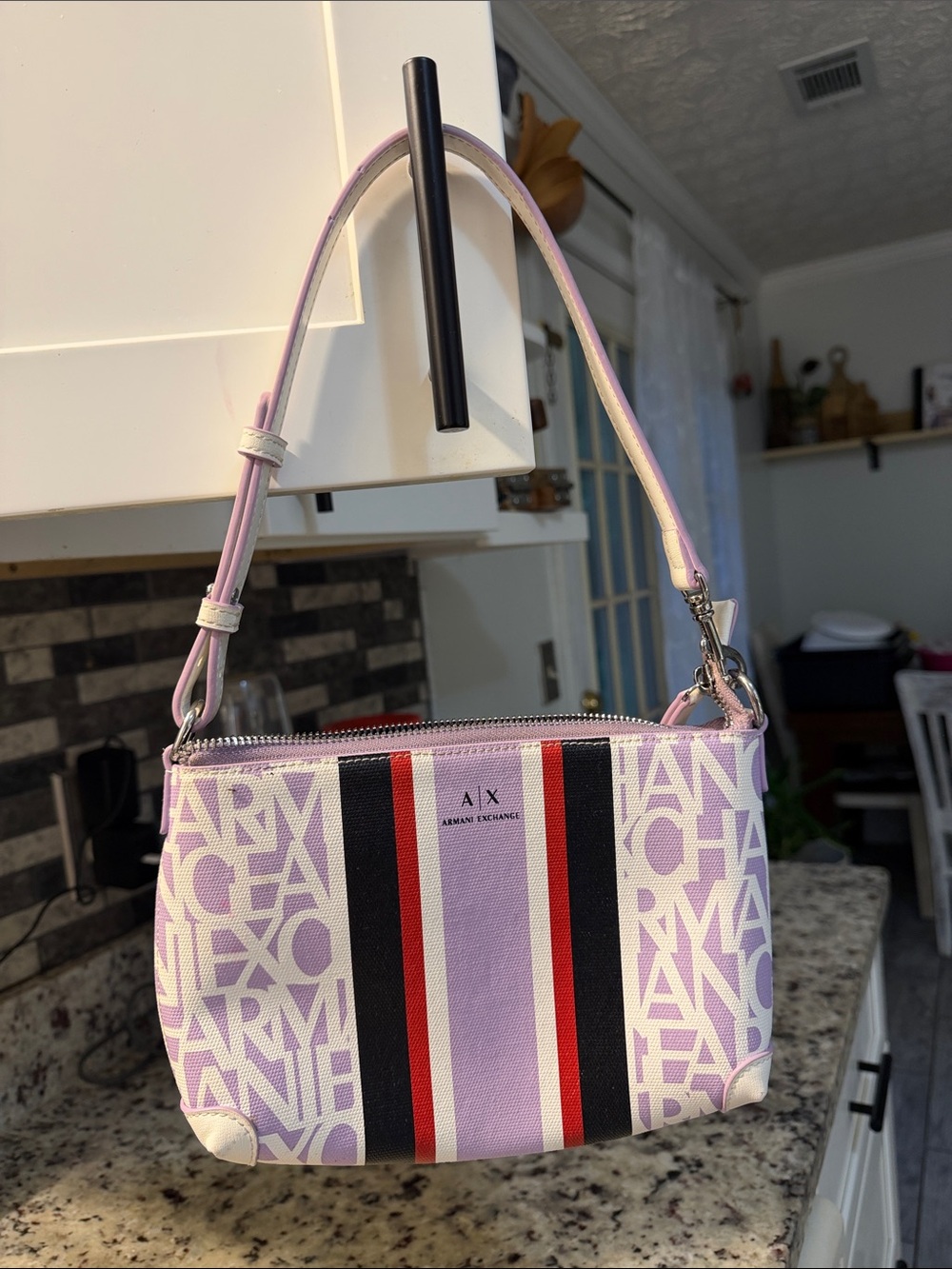 A/X Armani Exchange Lavender Logo Stripe Shoulder Bag with Black & Red Accents